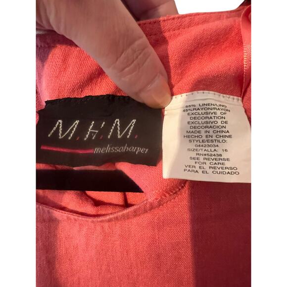MHM Melissa Harper Coral Linen Blend SS Tank Shift Embroidered Maxi Size 16Tall - Picture 4 of 9